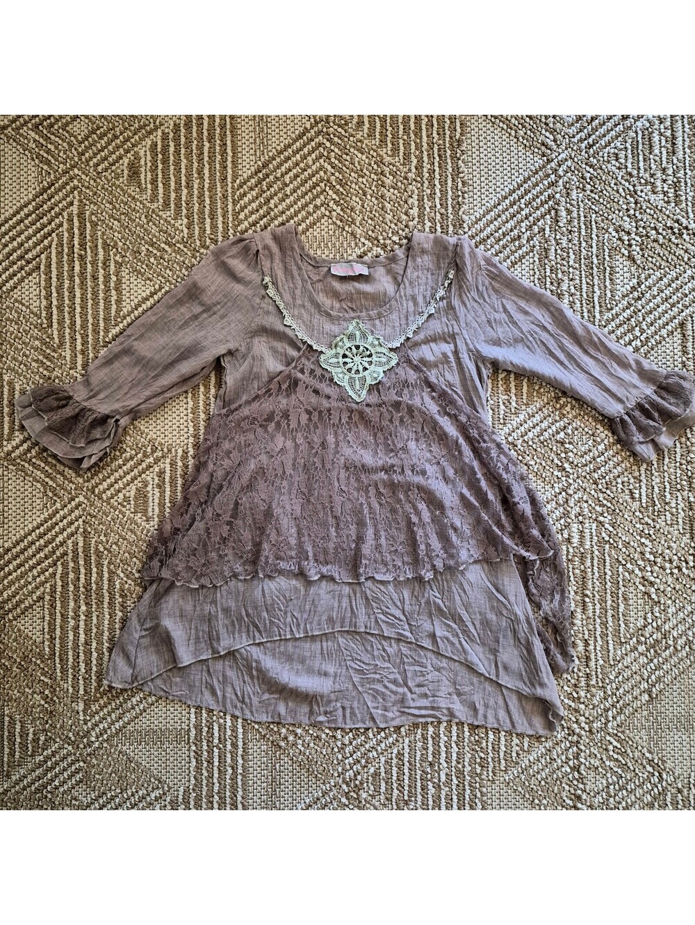 Pretty Angel Fairycore Crinkle Tunic Top Layered Lace Boho Blouse Tan XS S